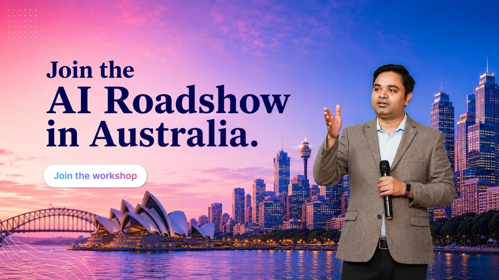 Join the AI Roadshow in Australia — Saket Sinha presenting against the Sydney skyline