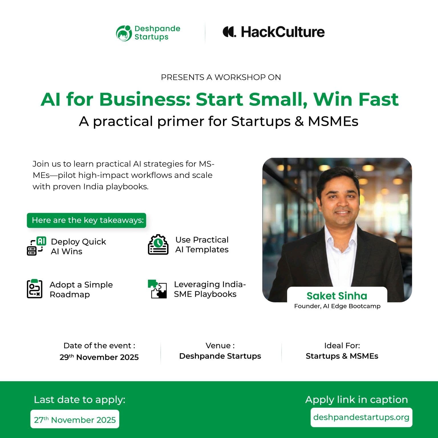 Invitation card for the AI Edge Bootcamp session at Deshpande Startups
